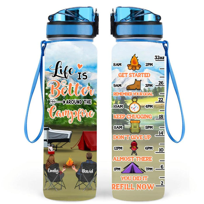 Personalized Camping Water Tracker Bottle - Adult/Couple/Parents With Up to 2 Kids And 3 Pets - Gift Idea For Camping Lover - Life Is Better Around The Campfire