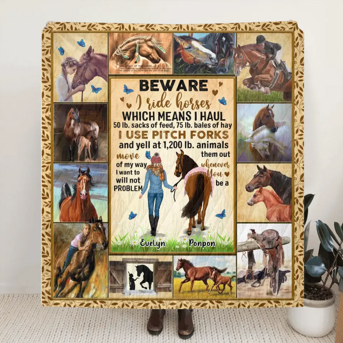 Personalized Horse Girl Fleece Throw Blanket/Quilt - Gift Idea For Horse Lovers - Beware I Ride Horses