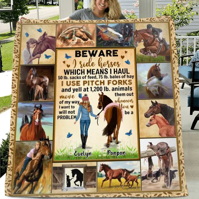 Personalized Horse Girl Fleece Throw Blanket/Quilt - Gift Idea For Horse Lovers - Beware I Ride Horses