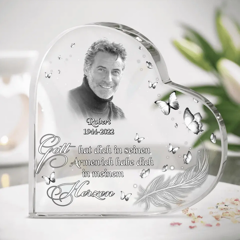 Personalized Memorial Photo Crystal Heart - German Version - Memorial Gift Idea for Father's Day/Mother's Day - Gott Hat Ditch In Seinen Armen Ich Habe Sich In Meinem Herzen