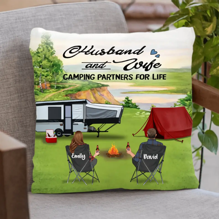 Personalized Day Camping Pillow Cover - Adult/Couple With Up to 2 Children And 4 Pets - Gift For Camping Lover - Husband And Wife Camping Partners For Life