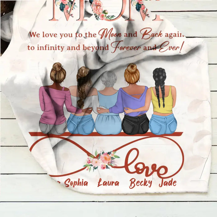 Personalized Mom Fleece Throw Blanket/Quilt - Mother With Up to 4 Daughters - Gift Idea For Mother's Day From Daughter - We Love You To The Moon And Back Again