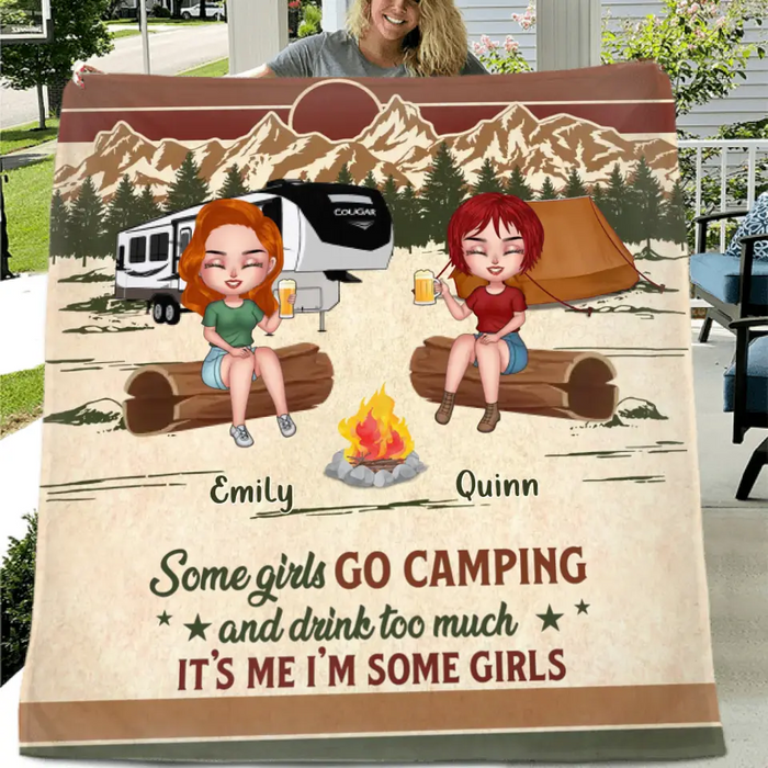 Personalized Camping Girls Quilt/Fleece Blanket - Up to 6 Friends - Gift Idea For Friends/Besties/Camping Lovers - Some Girls Go Camping And Drink Too Much