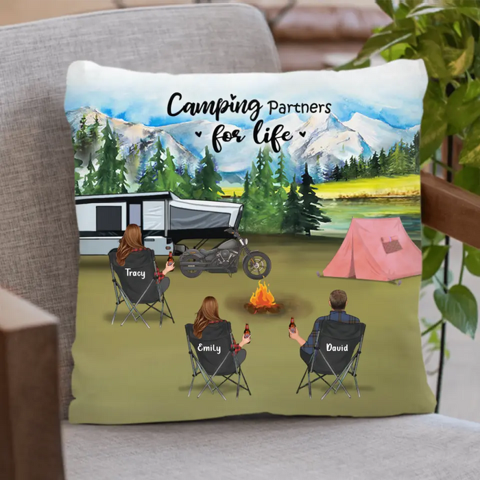 Personalized Camping Pillow Cover/Fleece Throw Blanket/Quilt - Gift For Camping Lovers With 3 Adults - Camping Partner For Life