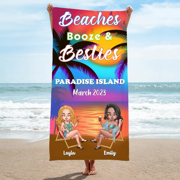 Personalized Girl's Trip Beach Towel - Up to 6 People - Gift Idea For Besties/Sisters/Friends - Beaches Booze & Besties