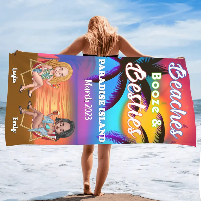 Personalized Girl's Trip Beach Towel - Up to 6 People - Gift Idea For Besties/Sisters/Friends - Beaches Booze & Besties