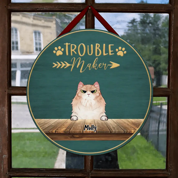 Personalized Pet Door Sign - Up to 6 Cats/Dogs - Best Gift For Cat/Dog Lover - Trouble Maker