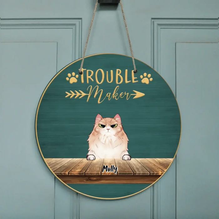 Personalized Pet Door Sign - Up to 6 Cats/Dogs - Best Gift For Cat/Dog Lover - Trouble Maker