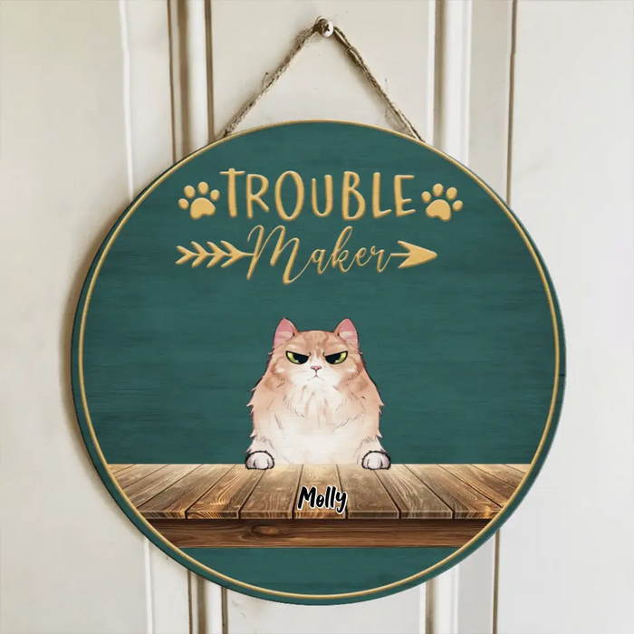 Personalized Pet Door Sign - Up to 6 Cats/Dogs - Best Gift For Cat/Dog Lover - Trouble Maker