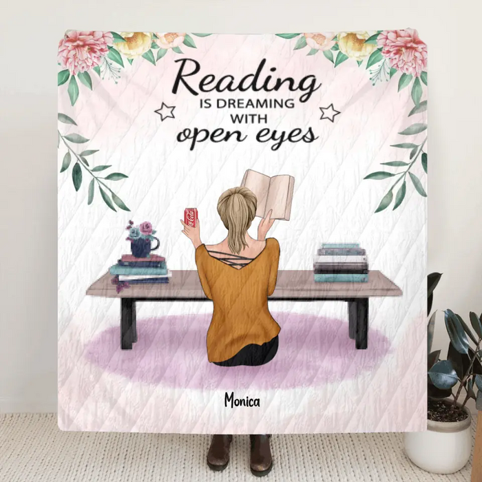 Personalized Reading Book Quilt/Fleece Blanket - Girl With Up to 5 Pets - Gift Idea For Reading Lovers - Reading Is Dreaming With Open Eyes
