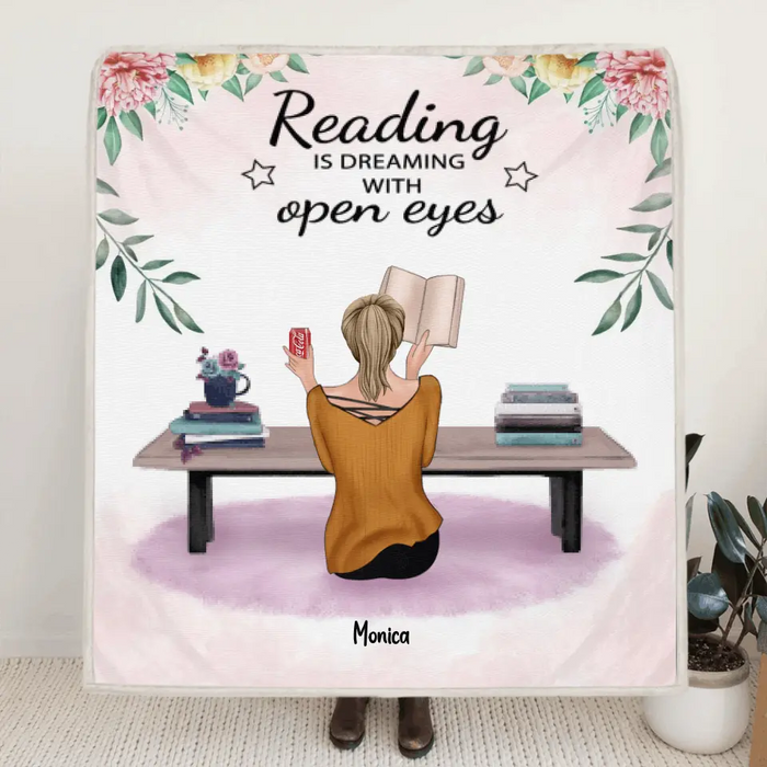 Personalized Reading Book Quilt/Fleece Blanket - Girl With Up to 5 Pets - Gift Idea For Reading Lovers - Reading Is Dreaming With Open Eyes