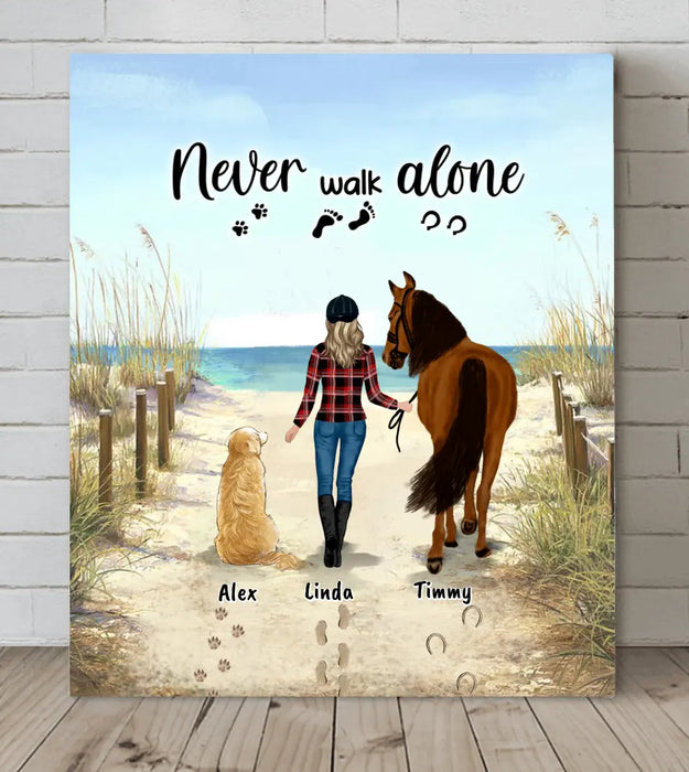 Personalized Girl And Dog With Horse Canvas - Up to 2 Horses/2 Dogs - Best Gift Dog Lovers/Horse Lovers - Never Walk Alone - G7PP86