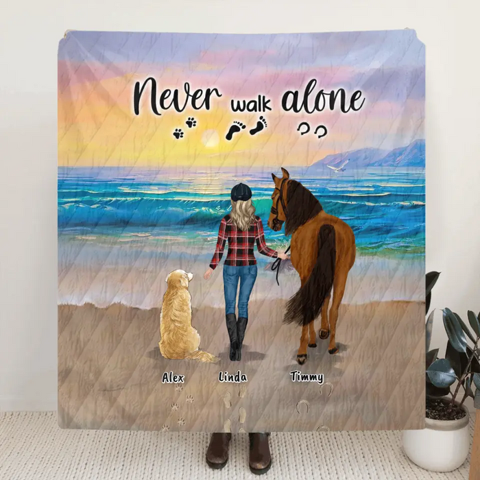Personalized Footprint Quilt/Fleece Blanket - Up to 2 Horses/2 Dogs - Best Gift Dog Lovers/Horse Lovers - Never Walk Alone - G7PP86