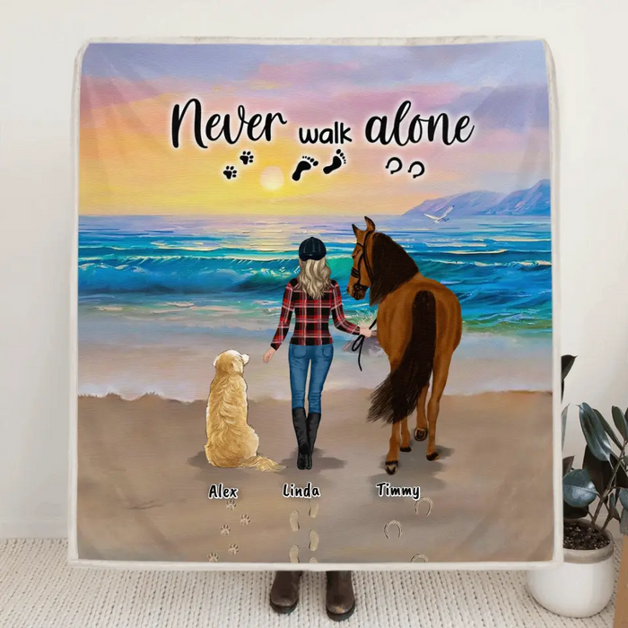 Personalized Footprint Quilt/Fleece Blanket - Up to 2 Horses/2 Dogs - Best Gift Dog Lovers/Horse Lovers - Never Walk Alone - G7PP86