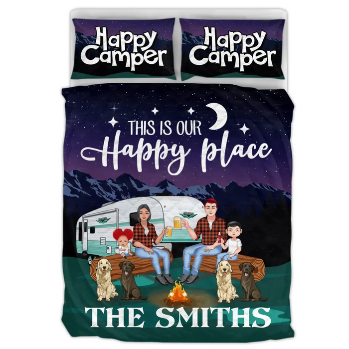 Personalized Camping Under The Stars Quilt Bed Sets - Gift Idea For Family/Camping Lover - Couple/Parents With Up to 2 Kids And 4 Dogs - This Is Our Happy Place