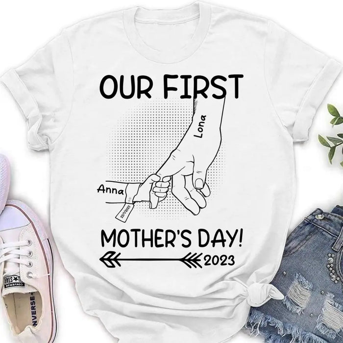 Personalized Hand Shirt/Hoodie/Sweatshirt/Long sleeve - Gift Idea For Mother's Day - Up to 6 Kids - Our First Mother's Day 2023