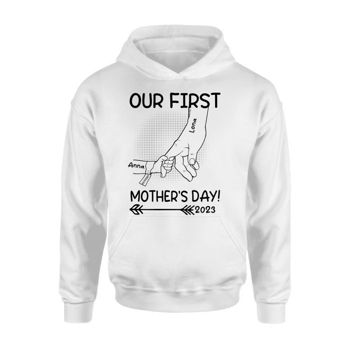 Personalized Hand Shirt/Hoodie/Sweatshirt/Long sleeve - Gift Idea For Mother's Day - Up to 6 Kids - Our First Mother's Day 2023