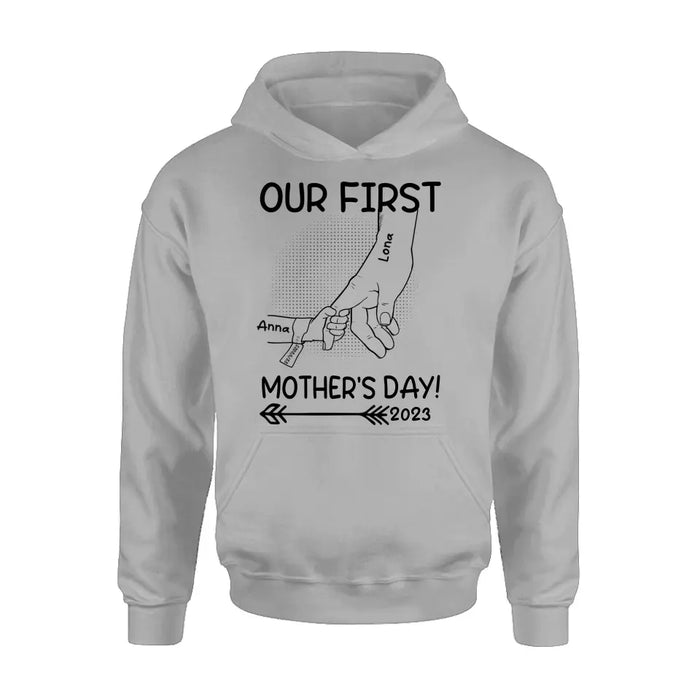 Personalized Hand Shirt/Hoodie/Sweatshirt/Long sleeve - Gift Idea For Mother's Day - Up to 6 Kids - Our First Mother's Day 2023