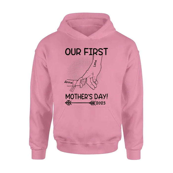 Personalized Hand Shirt/Hoodie/Sweatshirt/Long sleeve - Gift Idea For Mother's Day - Up to 6 Kids - Our First Mother's Day 2023