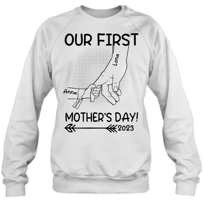 Personalized Hand Shirt/Hoodie/Sweatshirt/Long sleeve - Gift Idea For Mother's Day - Up to 6 Kids - Our First Mother's Day 2023