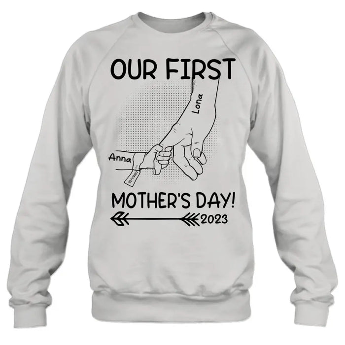 Personalized Hand Shirt/Hoodie/Sweatshirt/Long sleeve - Gift Idea For Mother's Day - Up to 6 Kids - Our First Mother's Day 2023