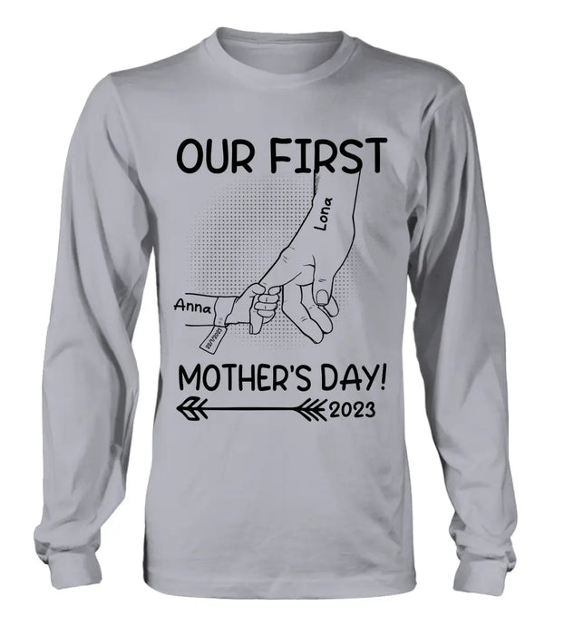 Personalized Hand Shirt/Hoodie/Sweatshirt/Long sleeve - Gift Idea For Mother's Day - Up to 6 Kids - Our First Mother's Day 2023