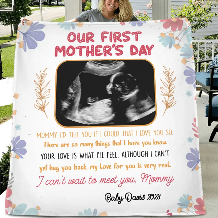 Personalized 1st Mother's Day Fleece Throw Blanket/Quilt - Upload Photo - I Can't Wait To Meet You, Mommy