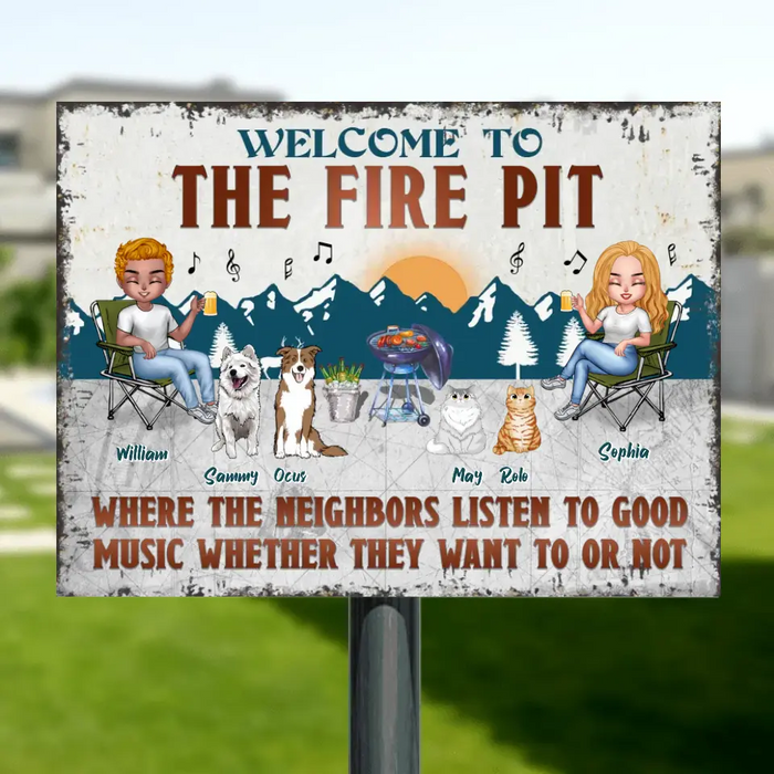 Personalized Camping Couple With Pet Metal Sign - Couple With Up to 4 Pets - Gift Idea For Camping/Dog/Cat Lovers - Welcome To The Fire Pit