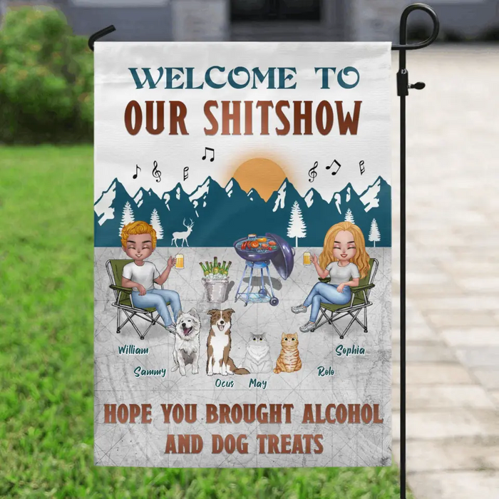 Personalized Camping Couple With Pet Flag Sign - Couple With Up to 4 Pets - Gift Idea For Camping/Dog/Cat Lovers - Welcome To Our Shitshow