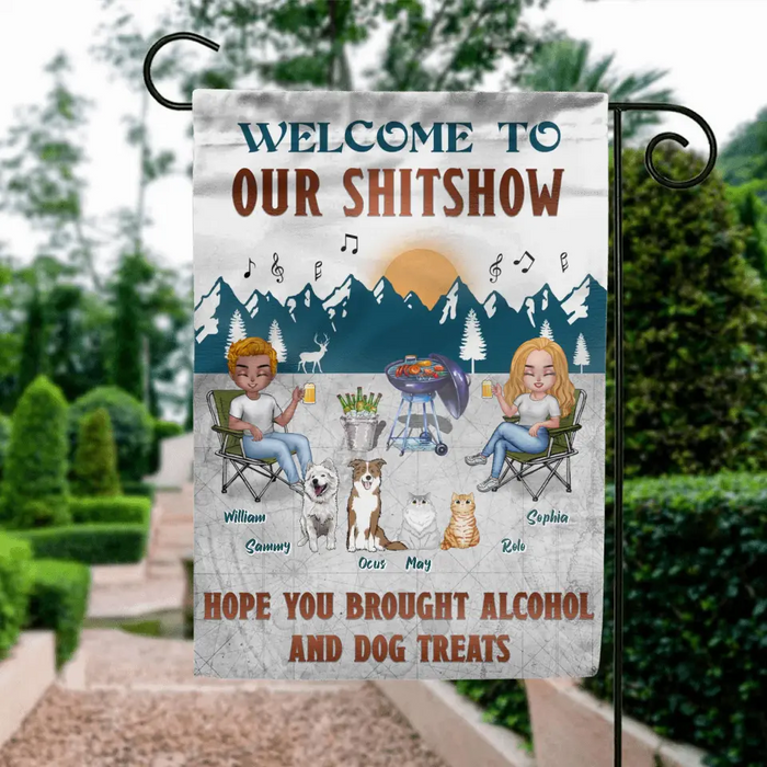 Personalized Camping Couple With Pet Flag Sign - Couple With Up to 4 Pets - Gift Idea For Camping/Dog/Cat Lovers - Welcome To Our Shitshow