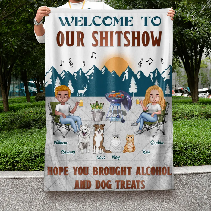 Personalized Camping Couple With Pet Flag Sign - Couple With Up to 4 Pets - Gift Idea For Camping/Dog/Cat Lovers - Welcome To Our Shitshow