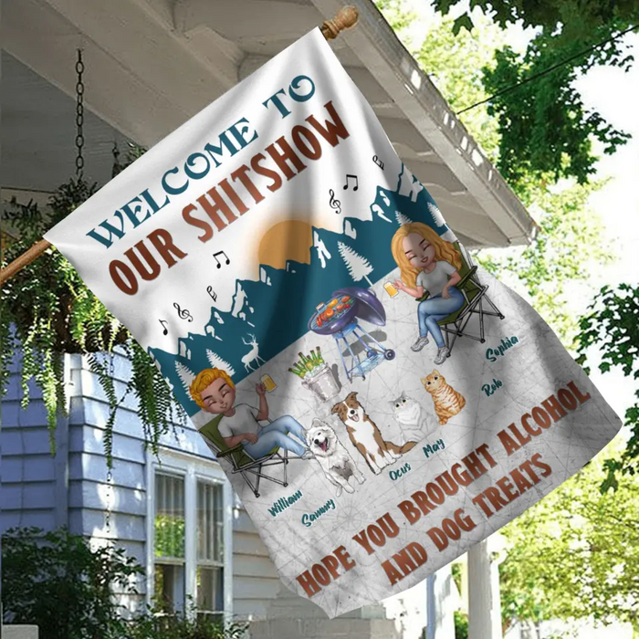 Personalized Camping Couple With Pet Flag Sign - Couple With Up to 4 Pets - Gift Idea For Camping/Dog/Cat Lovers - Welcome To Our Shitshow