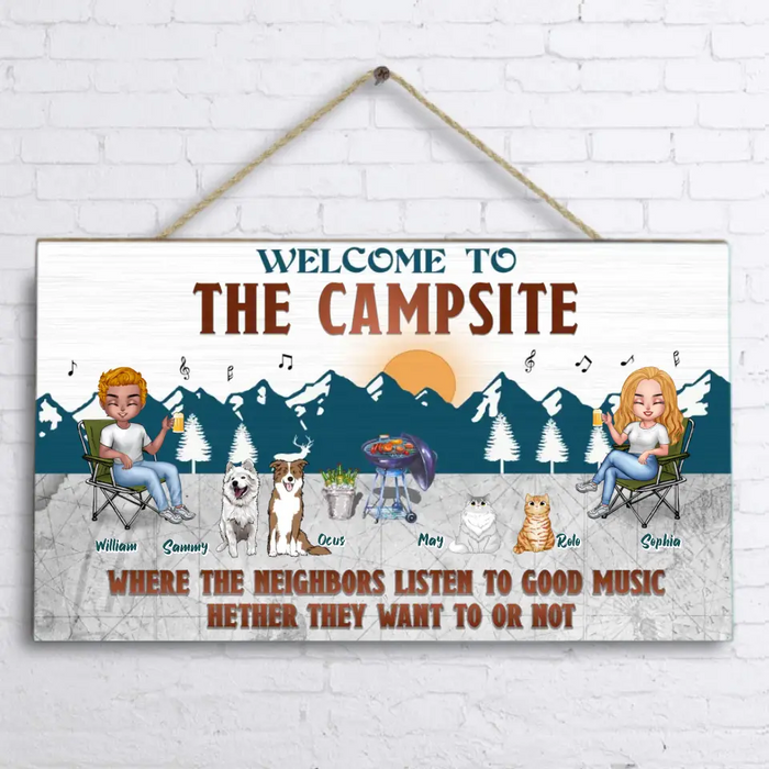 Personalized Camping Couple With Pet Wooden Sign - Couple With Up to 4 Pets - Gift Idea For Camping/Dog/Cat Lovers - Welcome To The Campsite