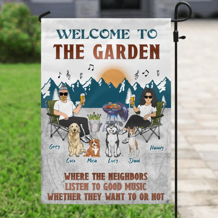 Personalized Camping Couple With Pet Flag Sign - Couple With Up to 4 Pets - Gift Idea For Camping/Dog/Cat Lovers - Welcome To The Garden
