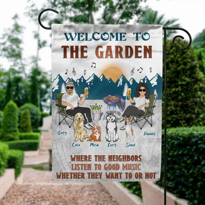 Personalized Camping Couple With Pet Flag Sign - Couple With Up to 4 Pets - Gift Idea For Camping/Dog/Cat Lovers - Welcome To The Garden