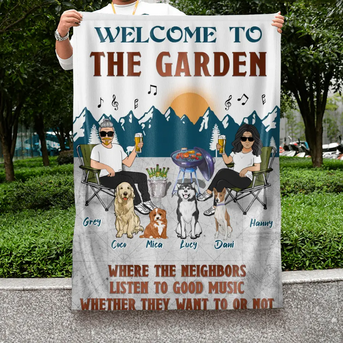 Personalized Camping Couple With Pet Flag Sign - Couple With Up to 4 Pets - Gift Idea For Camping/Dog/Cat Lovers - Welcome To The Garden