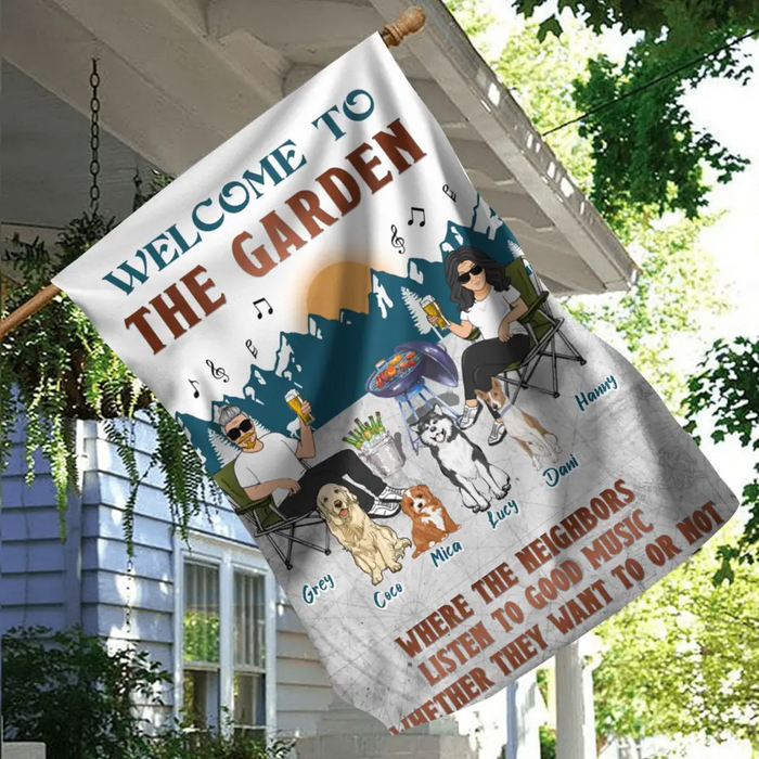 Personalized Camping Couple With Pet Flag Sign - Couple With Up to 4 Pets - Gift Idea For Camping/Dog/Cat Lovers - Welcome To The Garden