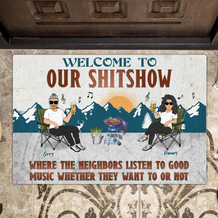 Personalized Camping Couple With Pet Doormat - Couple With Up to 4 Pets - Gift Idea For Camping/Dog/Cat Lovers - Welcome To Our Shitshow
