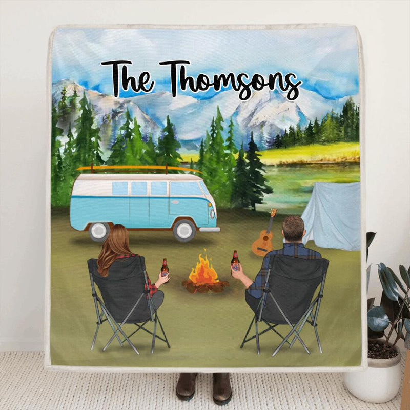 Personalized Forest Camping Quilt/Fleece Blanket - Gift for Whole Family, Camping Lovers - Couple/Parents with Up to 6 Pets, 6 Kids - Husband And Wife Camping Partners For Life