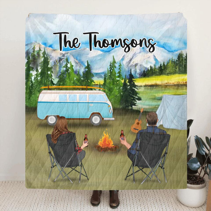 Personalized Forest Camping Quilt/Fleece Blanket - Gift for Whole Family, Camping Lovers - Couple/Parents with Up to 6 Pets, 6 Kids - Husband And Wife Camping Partners For Life