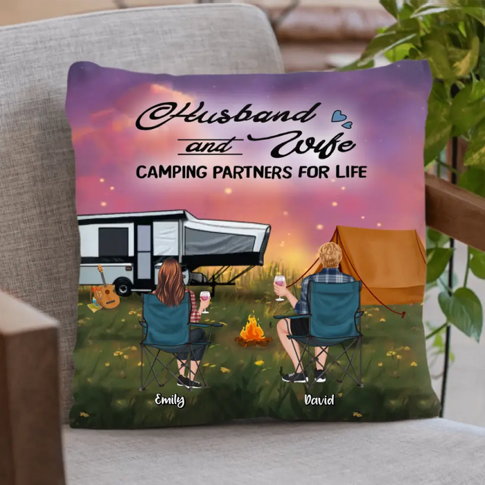 Personalized Camping Couple/Family Pillow Cover - Up to 3 Kids And 4 Pets - Gift Idea For Camping Lover - Husband And Wife Camping Partners For Life