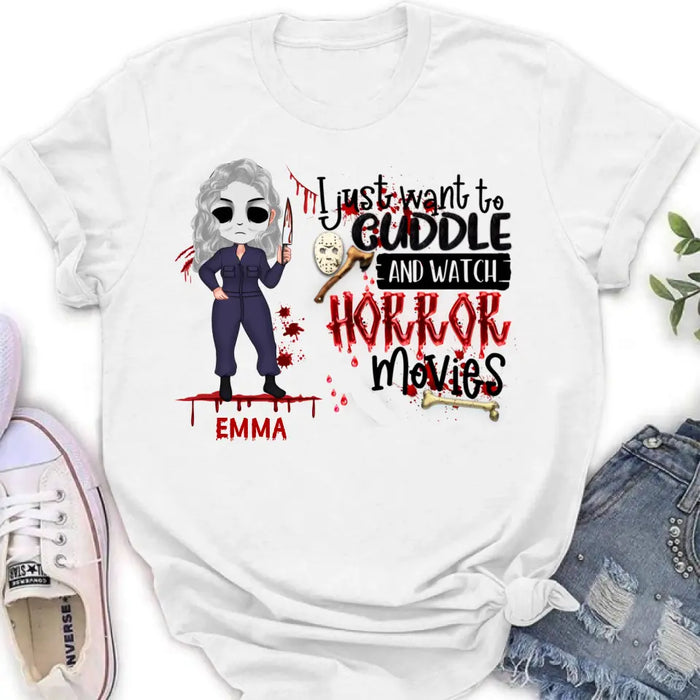 Personalized Cuddle And Watch Horror Movies Shirt/Hoodie - Halloween Gift For Girls