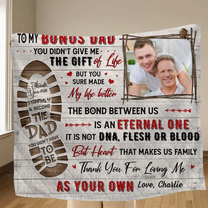 Personalized Bonus Dad Fleece Throw Blanket/Quilt - Upload Photo - Father's Day Gift Idea For Step Dad - To My Bonus Dad