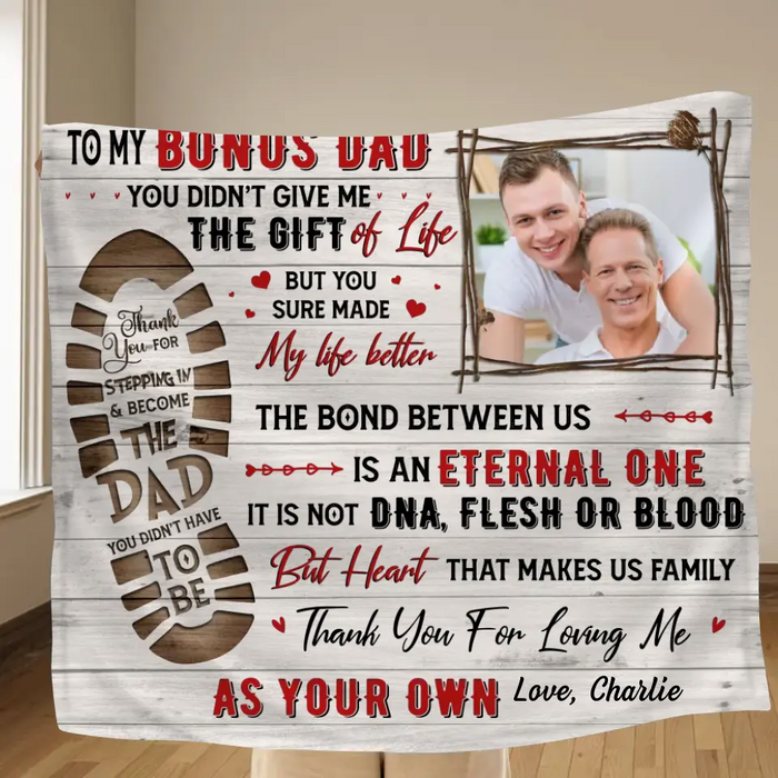 Personalized Bonus Dad Fleece Throw Blanket/Quilt - Upload Photo - Father's Day Gift Idea For Step Dad - To My Bonus Dad