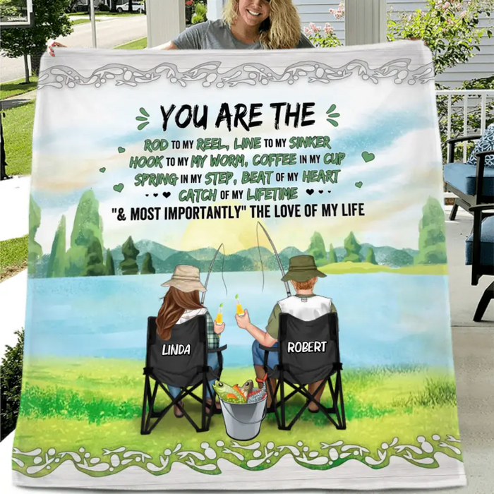 Personalized Fishing Couple Fleece Blanket/Quilt - Gift for Fishing Lovers/Couple/Husband and Wife - You Are The Rod To My Reel, Line To My Sinker