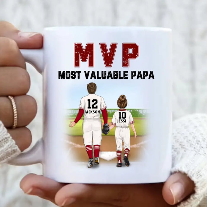 Personalized Baseball Dad Coffee Mug - Up to 3 Kids - Gift Idea For Father's Day/Father/Son/Daughter - MVP Most Valuable Papa