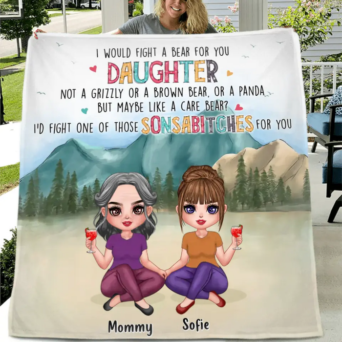 Personalized Mom And Daughter Fleece Throw Blanket/Quilt - Gift Idea From Mom To Daughter - I Would Fight A Bear For You Daughter