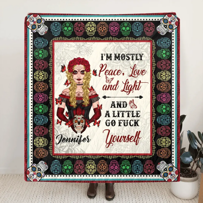 Personalized Sugar Skull Fleece Throw Blanket/Quilt - Skull Gift For Girl - I'm Mostly Peace, Love And Light
