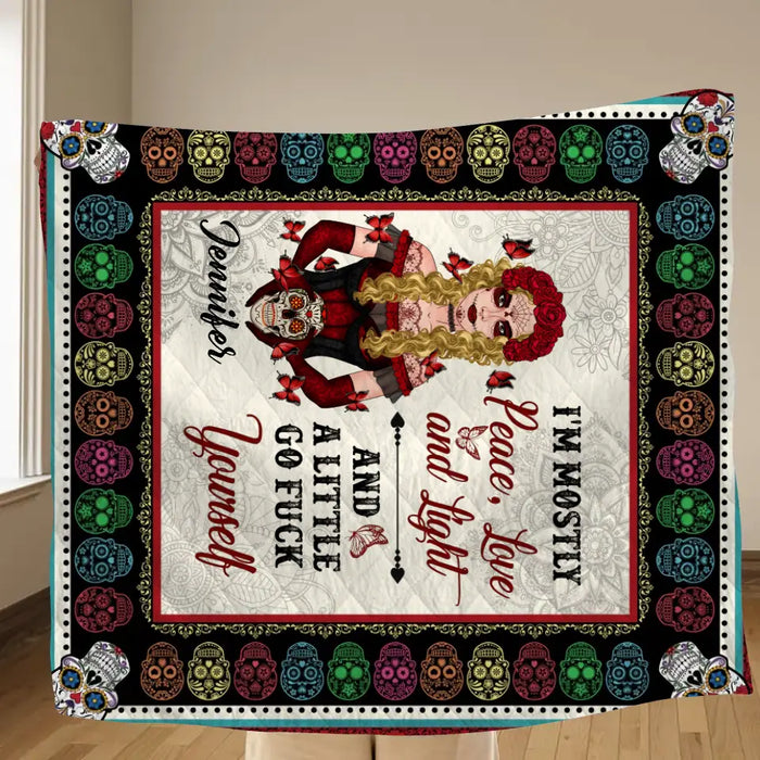 Personalized Sugar Skull Fleece Throw Blanket/Quilt - Skull Gift For Girl - I'm Mostly Peace, Love And Light