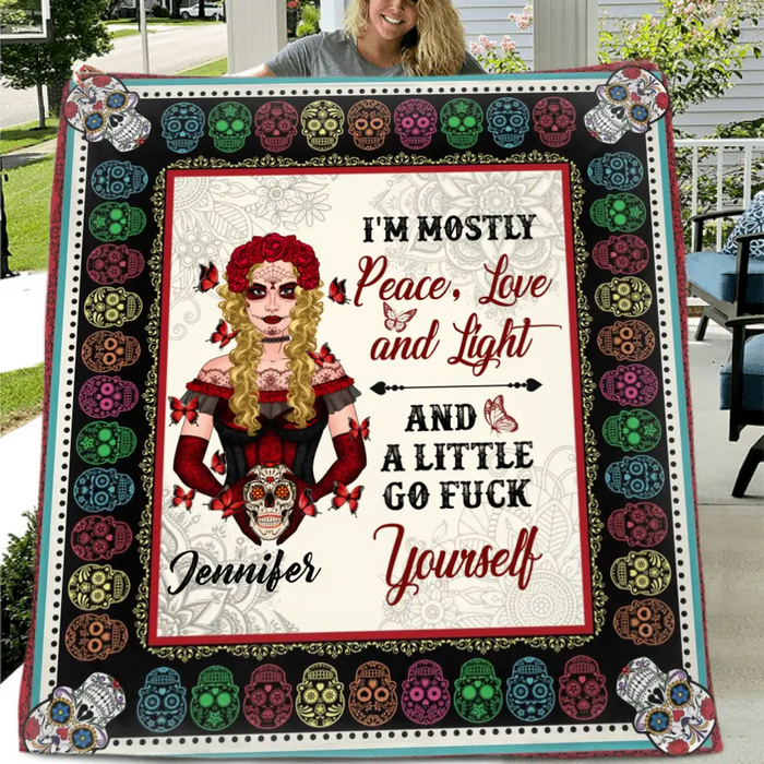 Personalized Sugar Skull Fleece Throw Blanket/Quilt - Skull Gift For Girl - I'm Mostly Peace, Love And Light